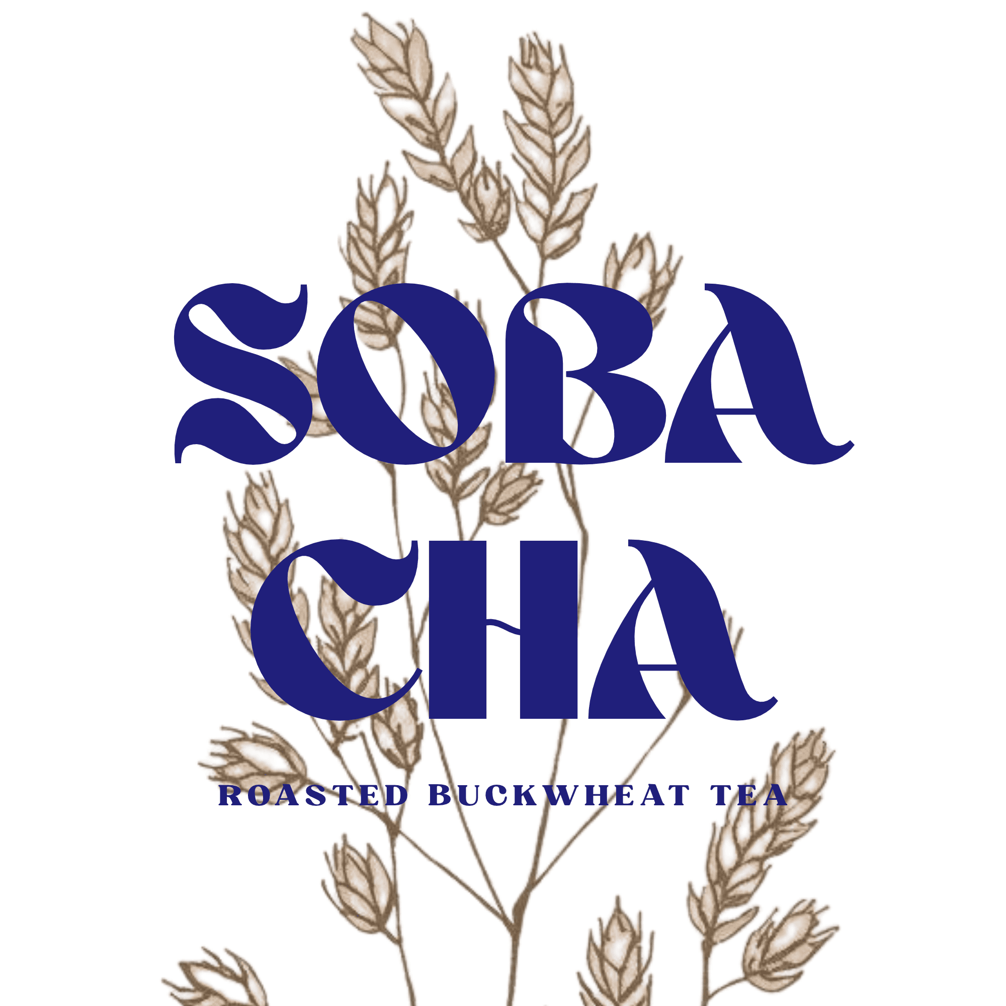 SOBA CHA label artwork with golden buckwheat botanical illustration