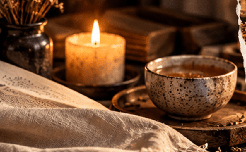 A cup of Sobacha beside a book in candlelight, midnight-blue setting