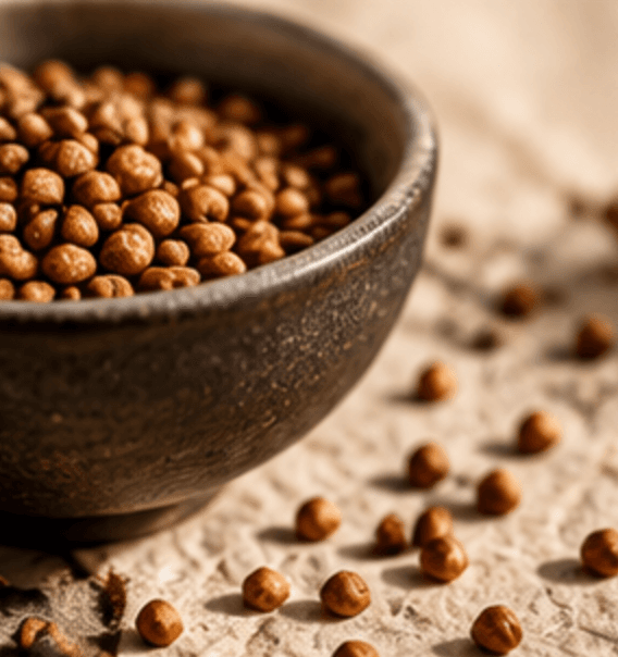 Macro photograph of roasted buckwheat grains in a ceramic bowl