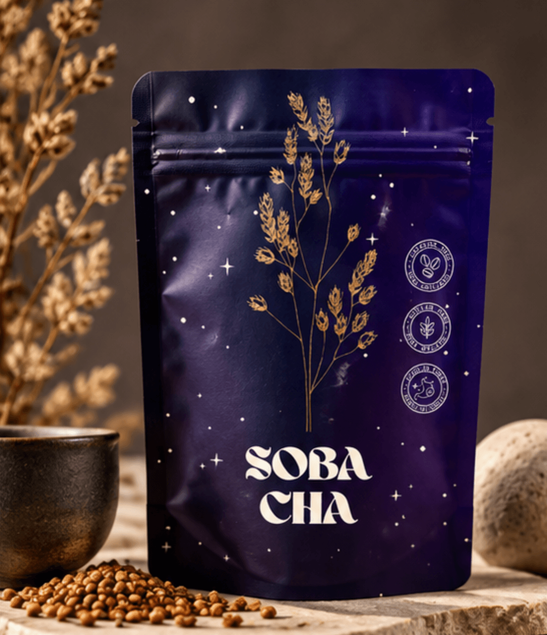 SOBA CHA pack with golden buckwheat botanicals on indigo
