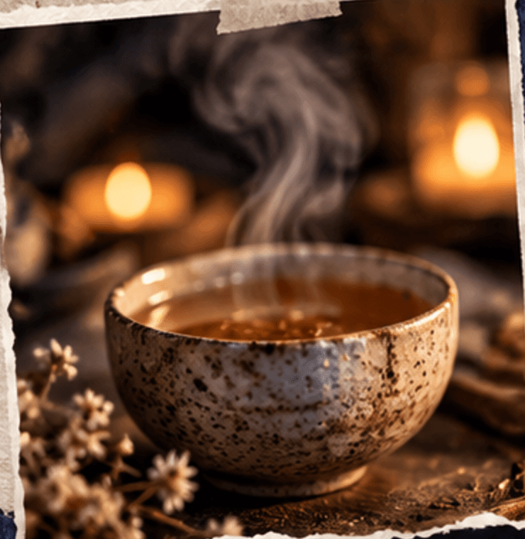Steam rising from a ceramic bowl of hot Sobacha in warm light